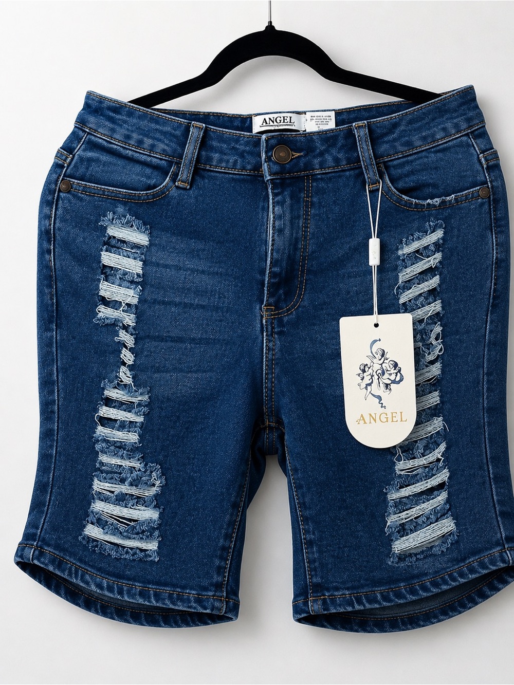Angel Men’s Ripped Deep Blue Denim Shorts